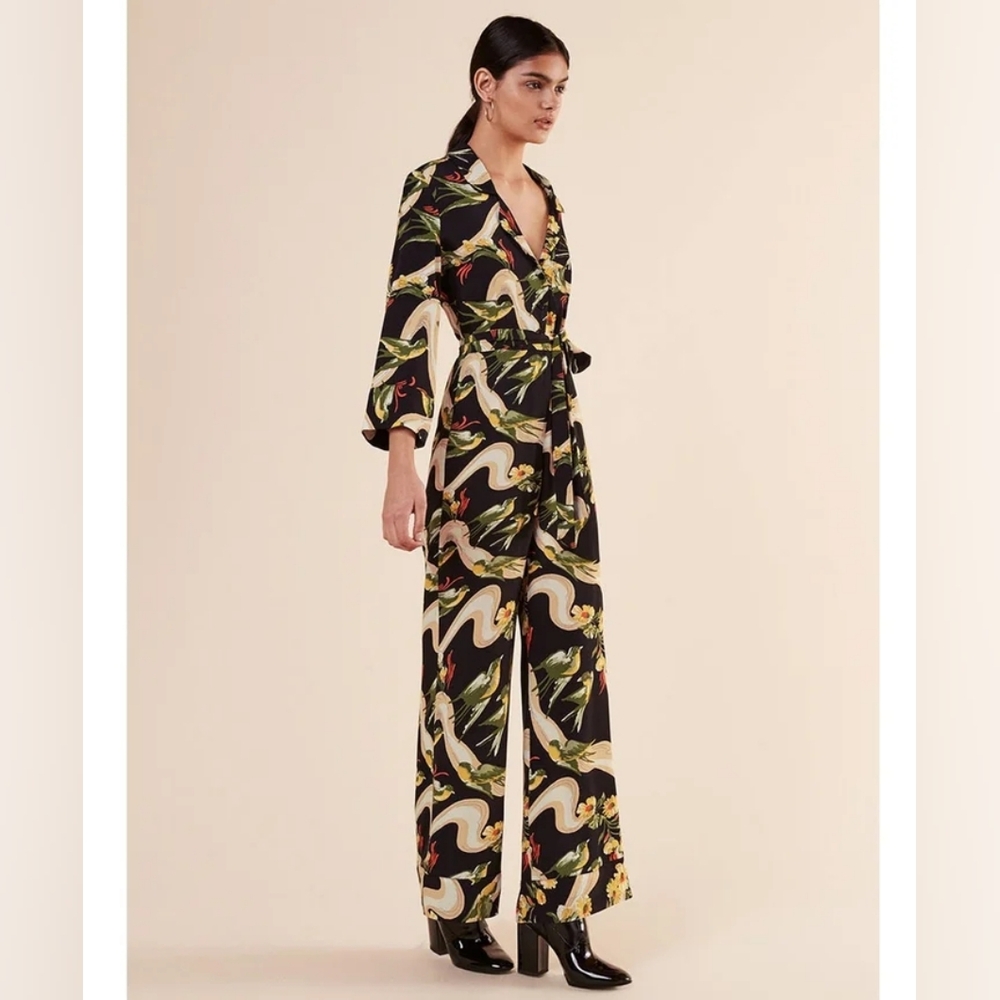 Reformation Mauve Jumpsuit Black with Floral Bird Print Size 2
